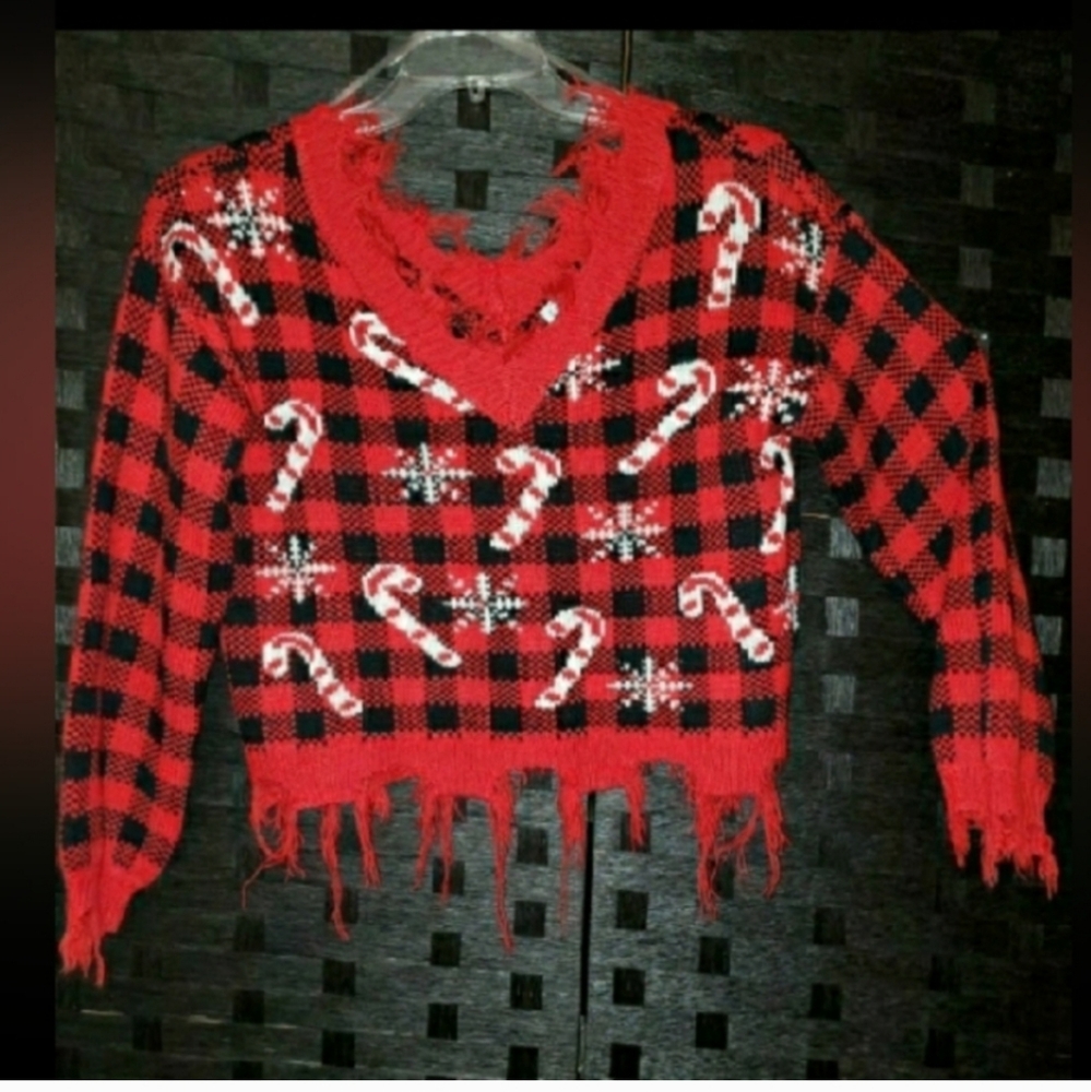 Festive Holiday Bundle Buffalo Plaid Candy Cane Sweater & Stocking Earrings - Picture 2 of 5